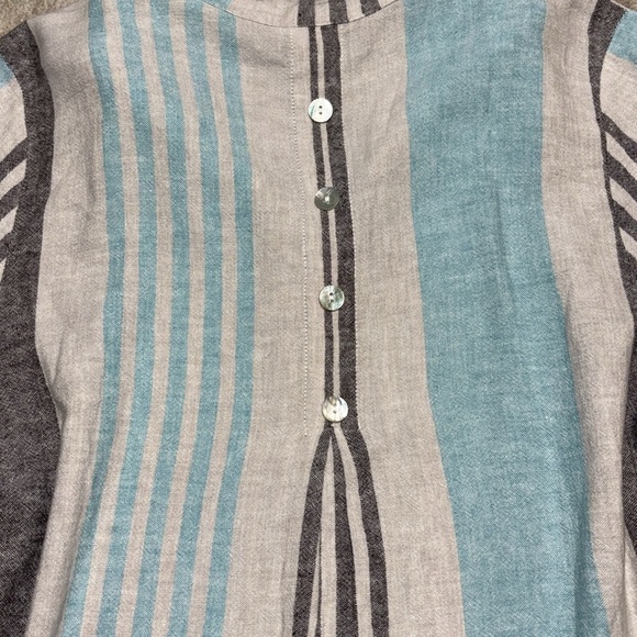 XL 100% Linen Tunic button up striped LONG shell buttons long sleeve Beachy - Picture 5 of 8